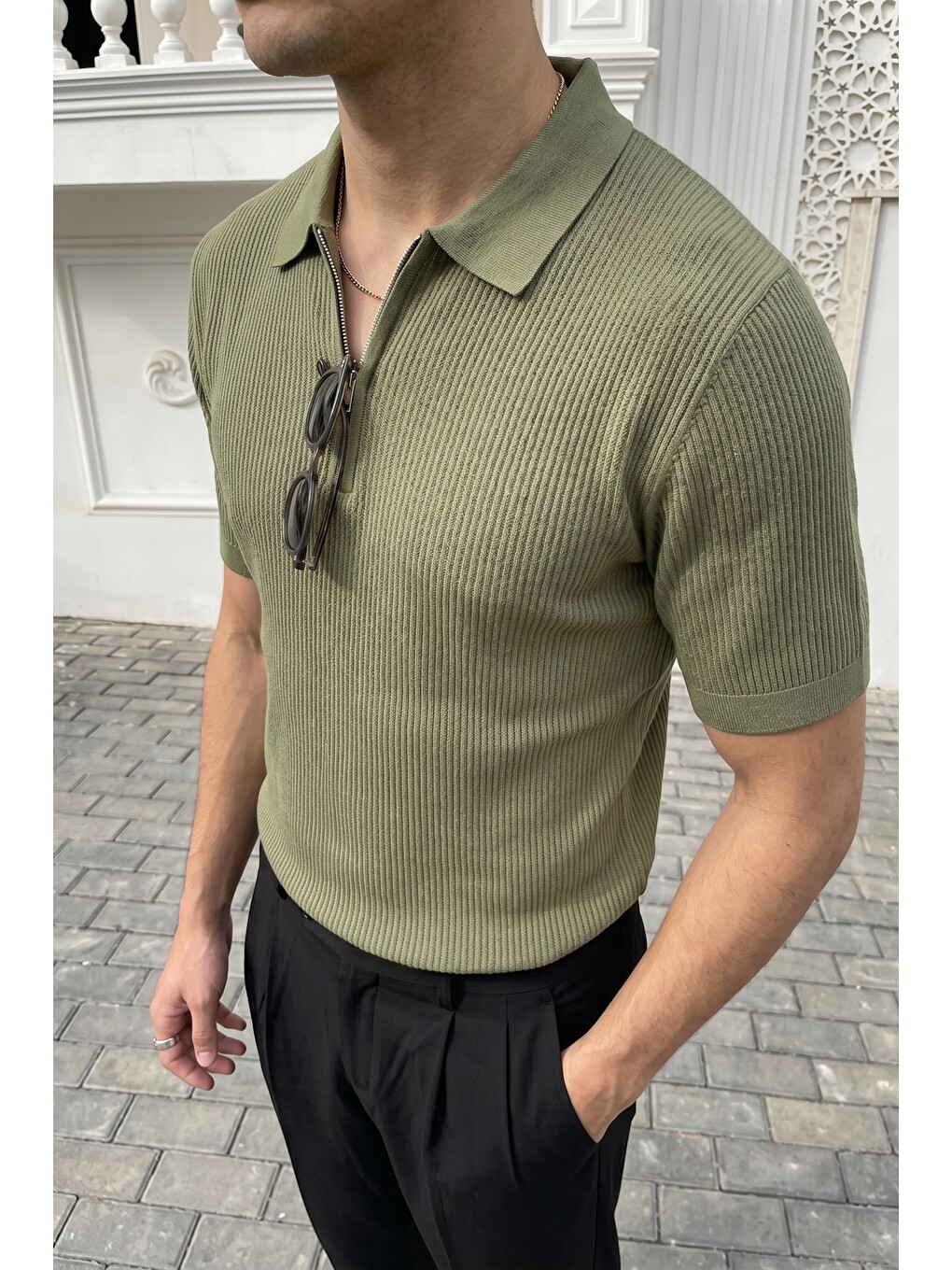 Haki Orin Premium Fitilli Triko Polo Yaka Yarım Fermuarlı Erkek Tişört-5