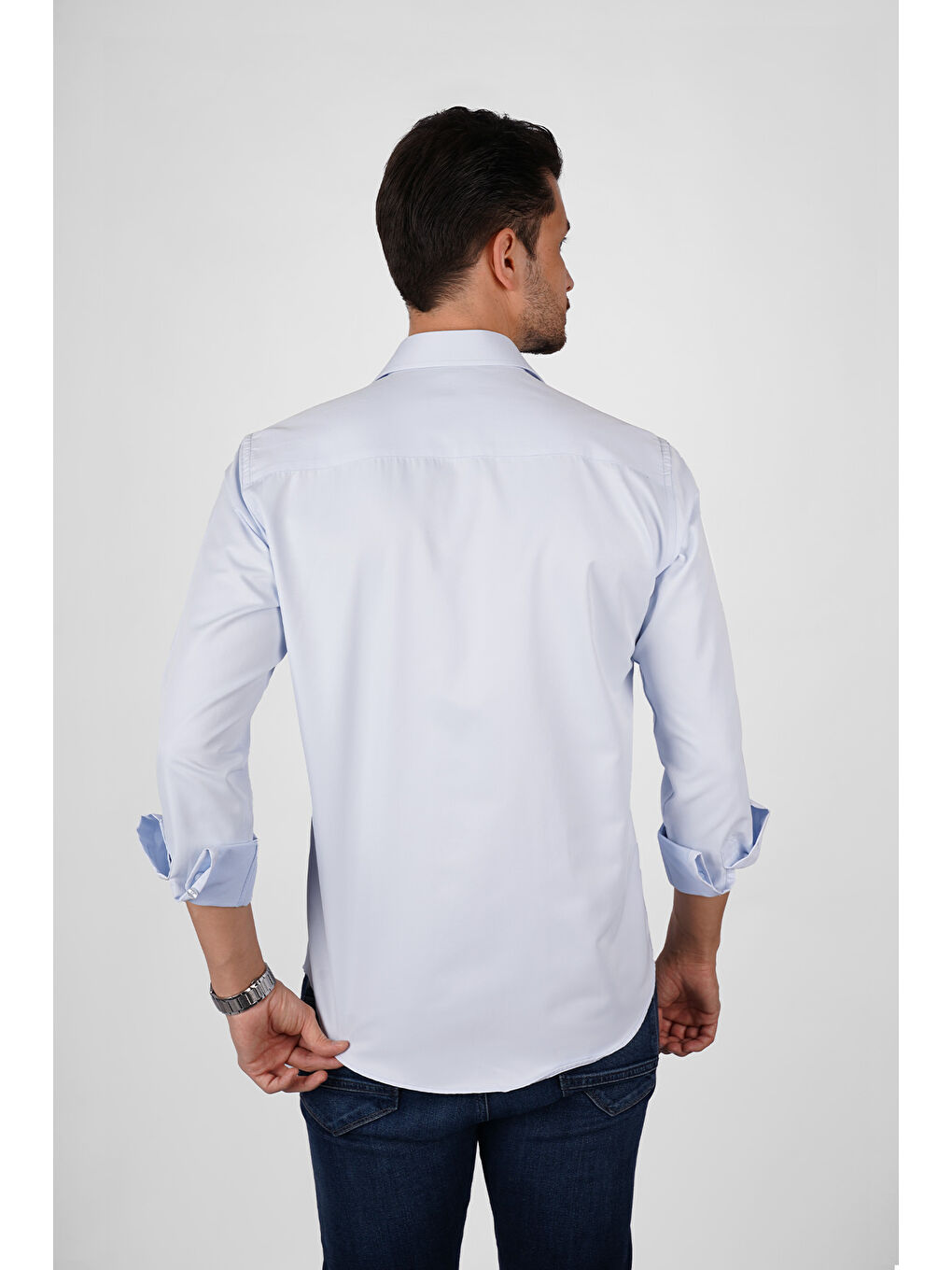 Açık Mavi Saten Slimfit Erkek Gömlek-5