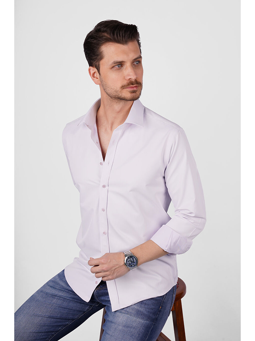 Lila Saten Slimfit Erkek Gömlek-2