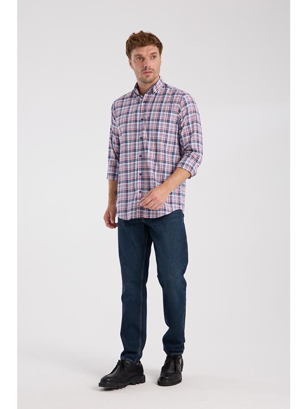 Aclub Ac10084 Poplin Pamuklu Regular Fit Kırmızı Düğmeli Yaka Erkek Kareli Gömlek-1