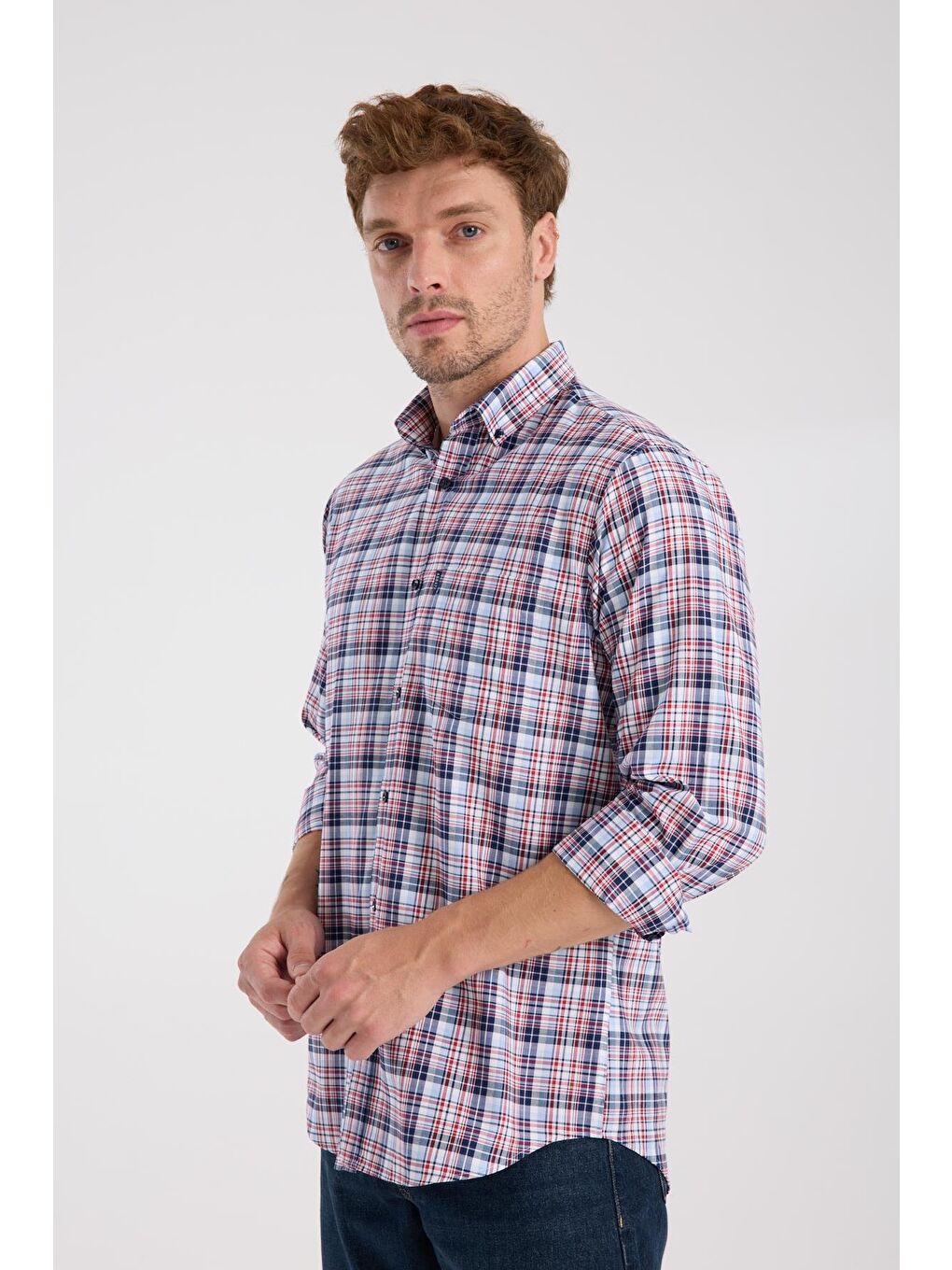 Aclub Ac10084 Poplin Pamuklu Regular Fit Kırmızı Düğmeli Yaka Erkek Kareli Gömlek-2
