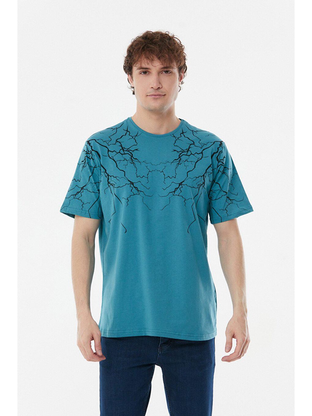 Petrol Baskılı Bisiklet Yaka Tişört-1