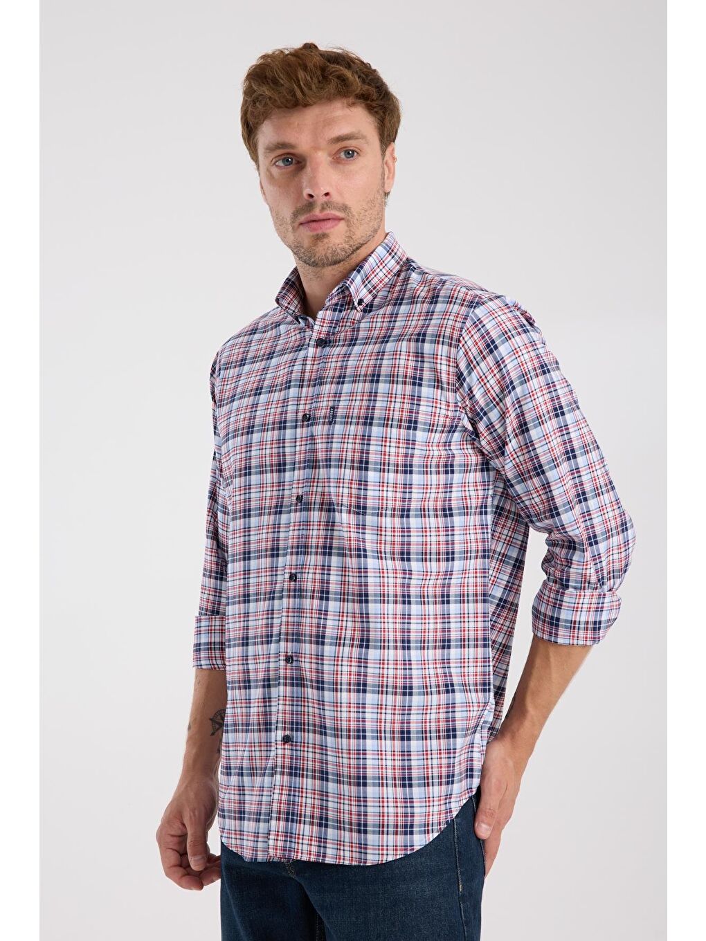 Aclub Ac10084 Poplin Pamuklu Regular Fit Kırmızı Düğmeli Yaka Erkek Kareli Gömlek-3