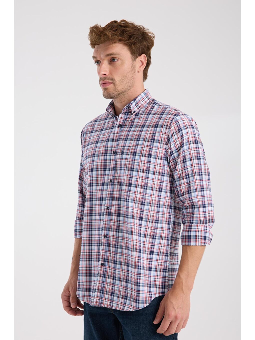 Aclub Ac10084 Poplin Pamuklu Regular Fit Kırmızı Düğmeli Yaka Erkek Kareli Gömlek-4