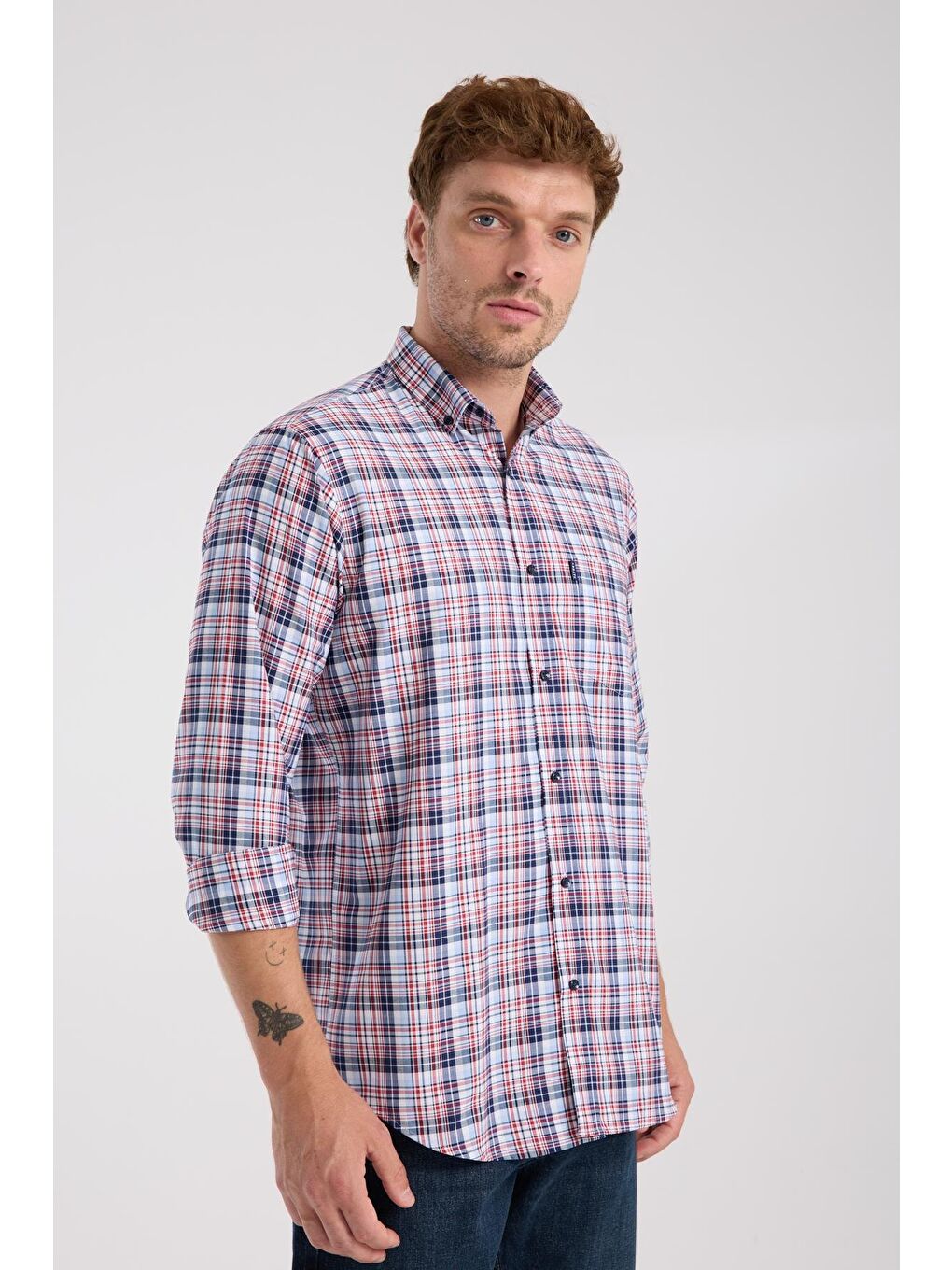 Aclub Ac10084 Poplin Pamuklu Regular Fit Kırmızı Düğmeli Yaka Erkek Kareli Gömlek-5