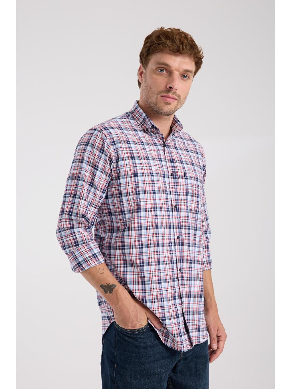 Aclub Ac10084 Poplin Pamuklu Regular Fit Kırmızı Düğmeli Yaka Erkek Kareli Gömlek-6