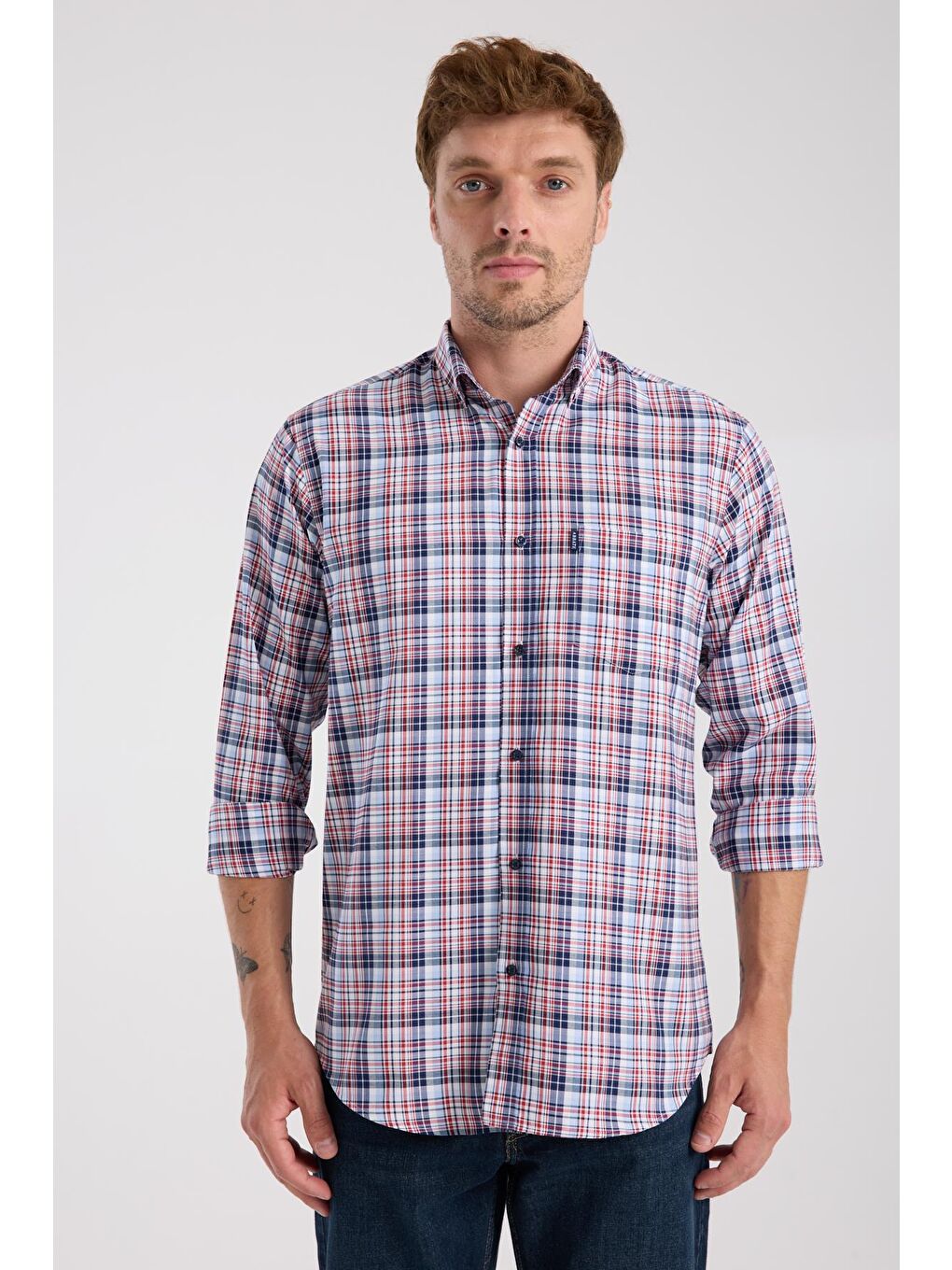 Aclub Ac10084 Poplin Pamuklu Regular Fit Kırmızı Düğmeli Yaka Erkek Kareli Gömlek-7