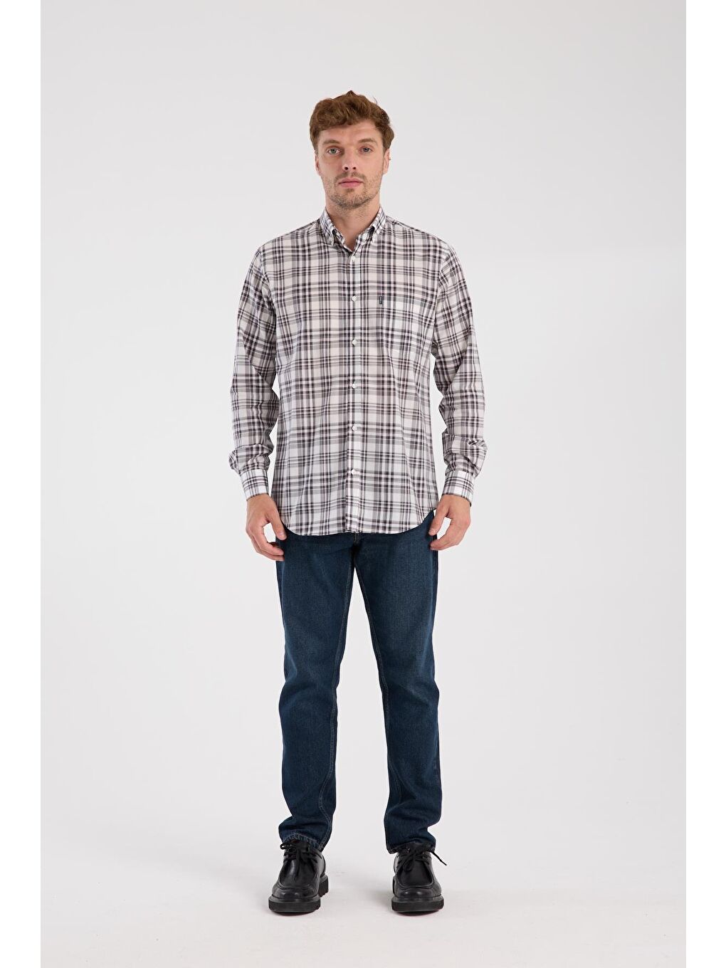 Aclub Ac10084 Poplin Pamuklu Regular Fit Gri Düğmeli Yaka Erkek Kareli Gömlek