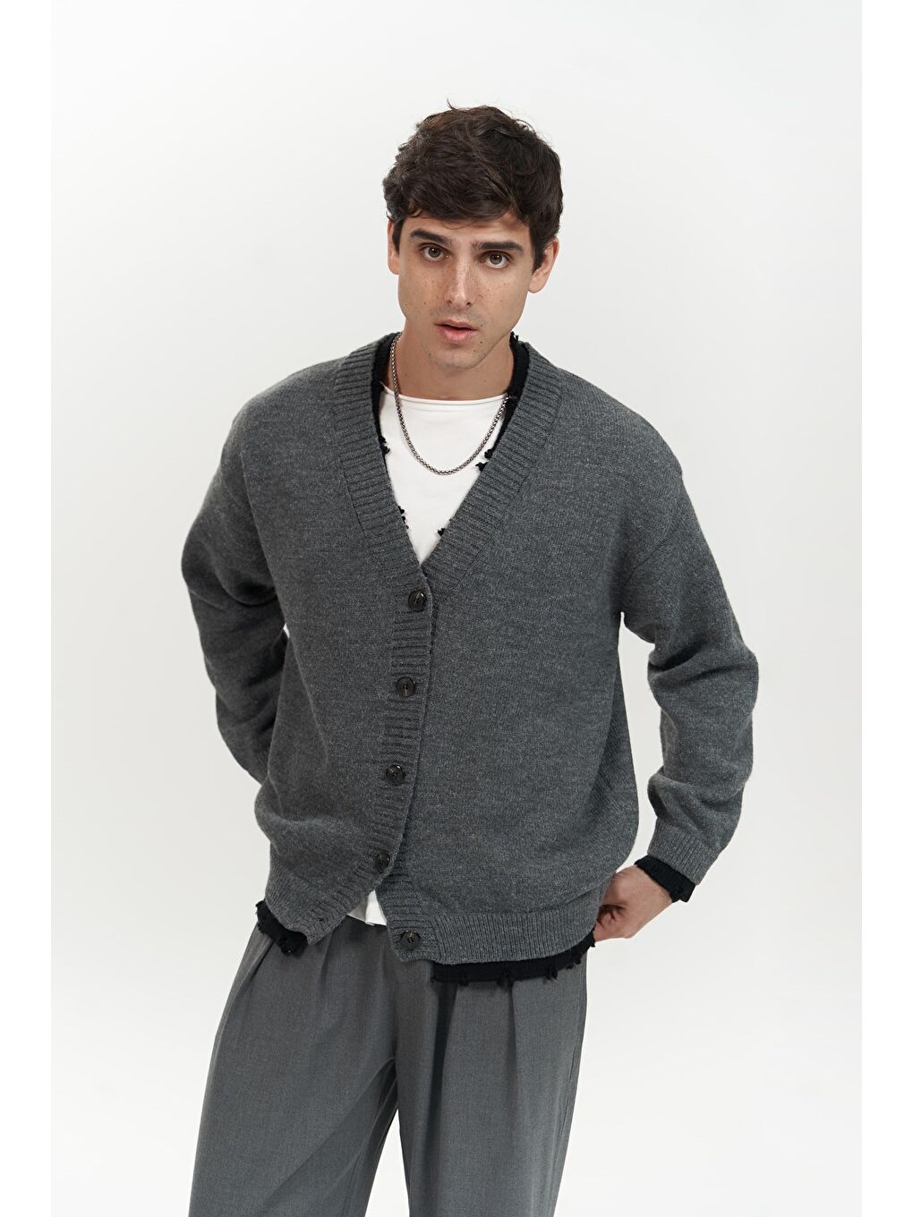 Gri Raid Çift Yaka Füme Erkek Triko Hırka