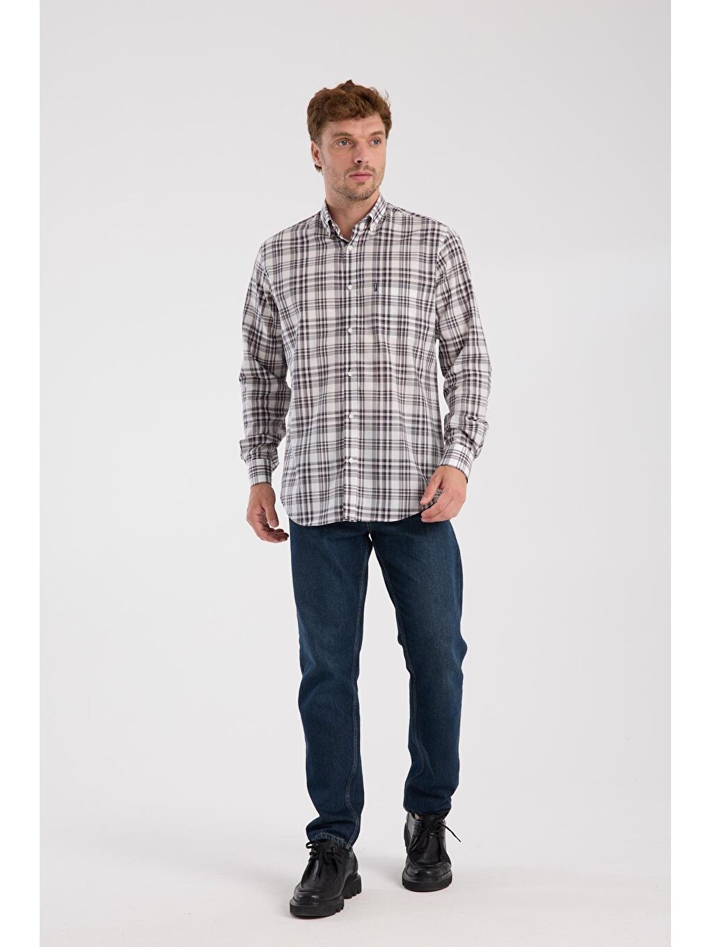 Aclub Ac10084 Poplin Pamuklu Regular Fit Gri Düğmeli Yaka Erkek Kareli Gömlek-1
