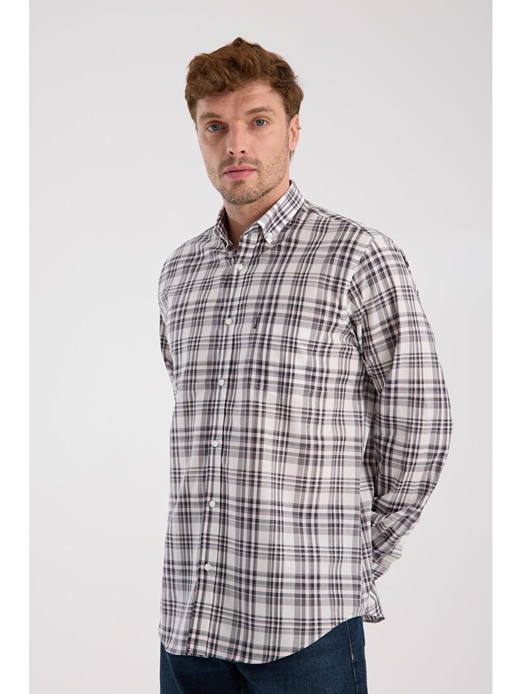 Aclub Ac10084 Poplin Pamuklu Regular Fit Gri Düğmeli Yaka Erkek Kareli Gömlek-2