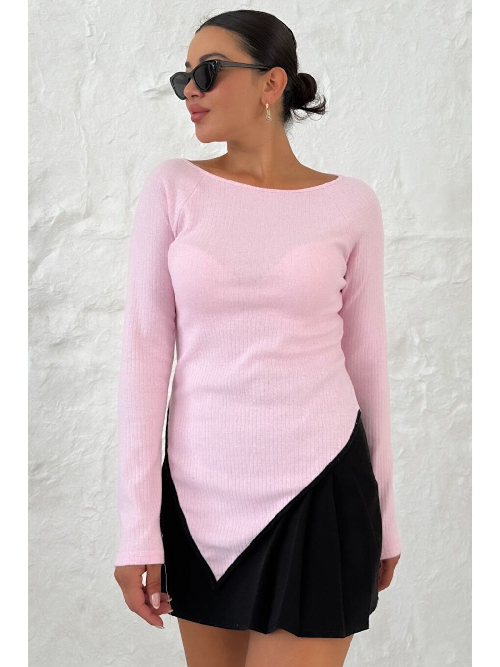 Kadın Pembe Kayık Yakalı V Kesim Biyeli İnterlok Bluz-1