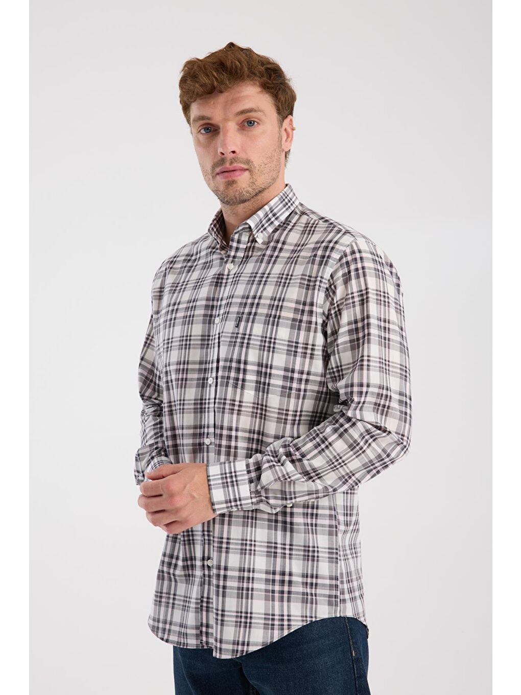 Aclub Ac10084 Poplin Pamuklu Regular Fit Gri Düğmeli Yaka Erkek Kareli Gömlek-3
