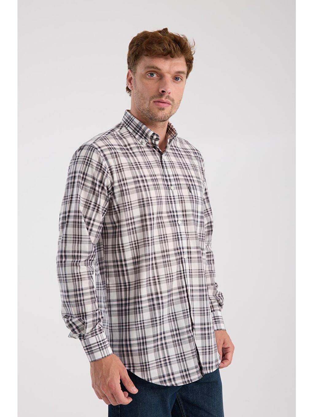 Aclub Ac10084 Poplin Pamuklu Regular Fit Gri Düğmeli Yaka Erkek Kareli Gömlek-4