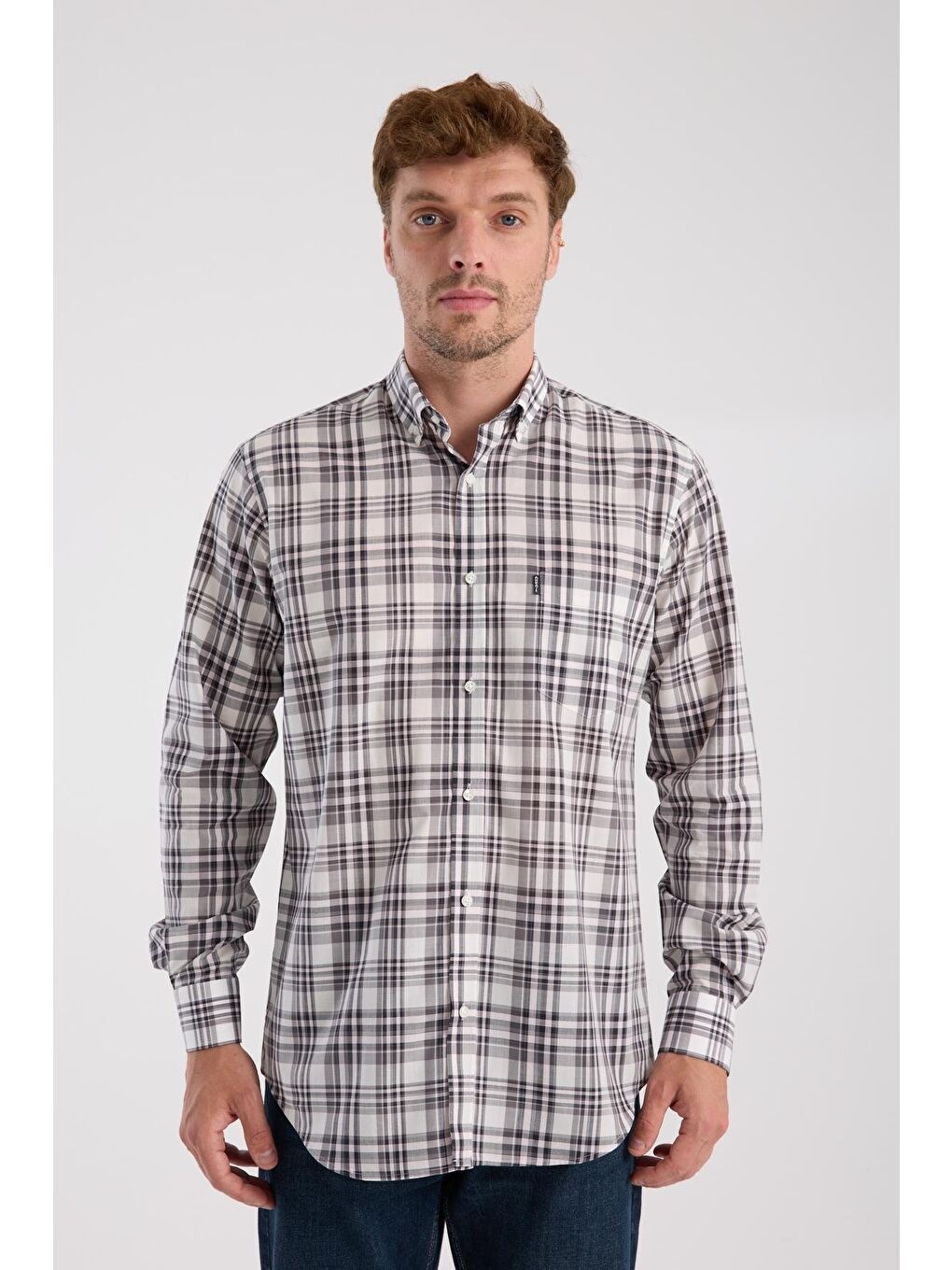 Aclub Ac10084 Poplin Pamuklu Regular Fit Gri Düğmeli Yaka Erkek Kareli Gömlek-5