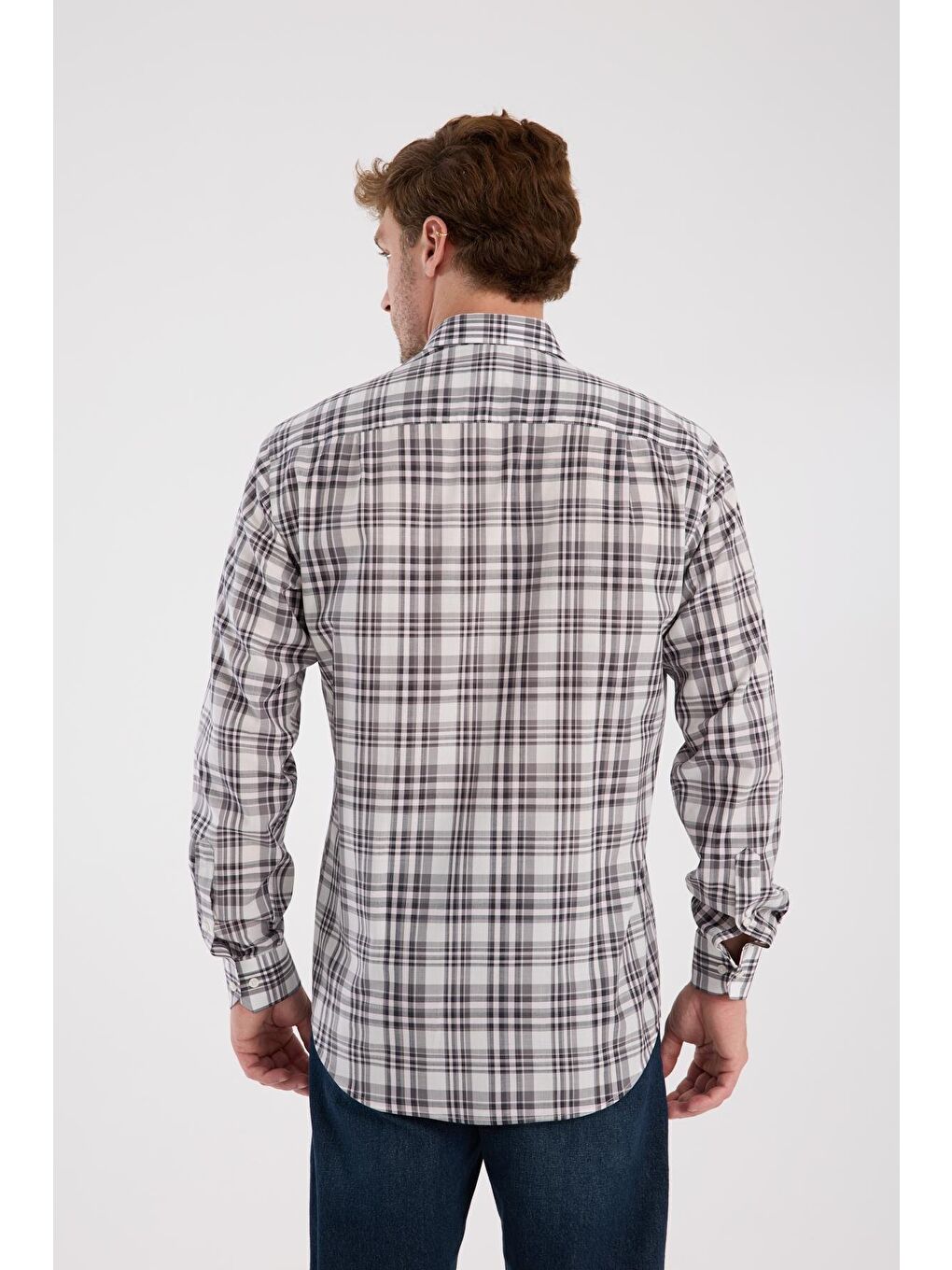 Aclub Ac10084 Poplin Pamuklu Regular Fit Gri Düğmeli Yaka Erkek Kareli Gömlek-6
