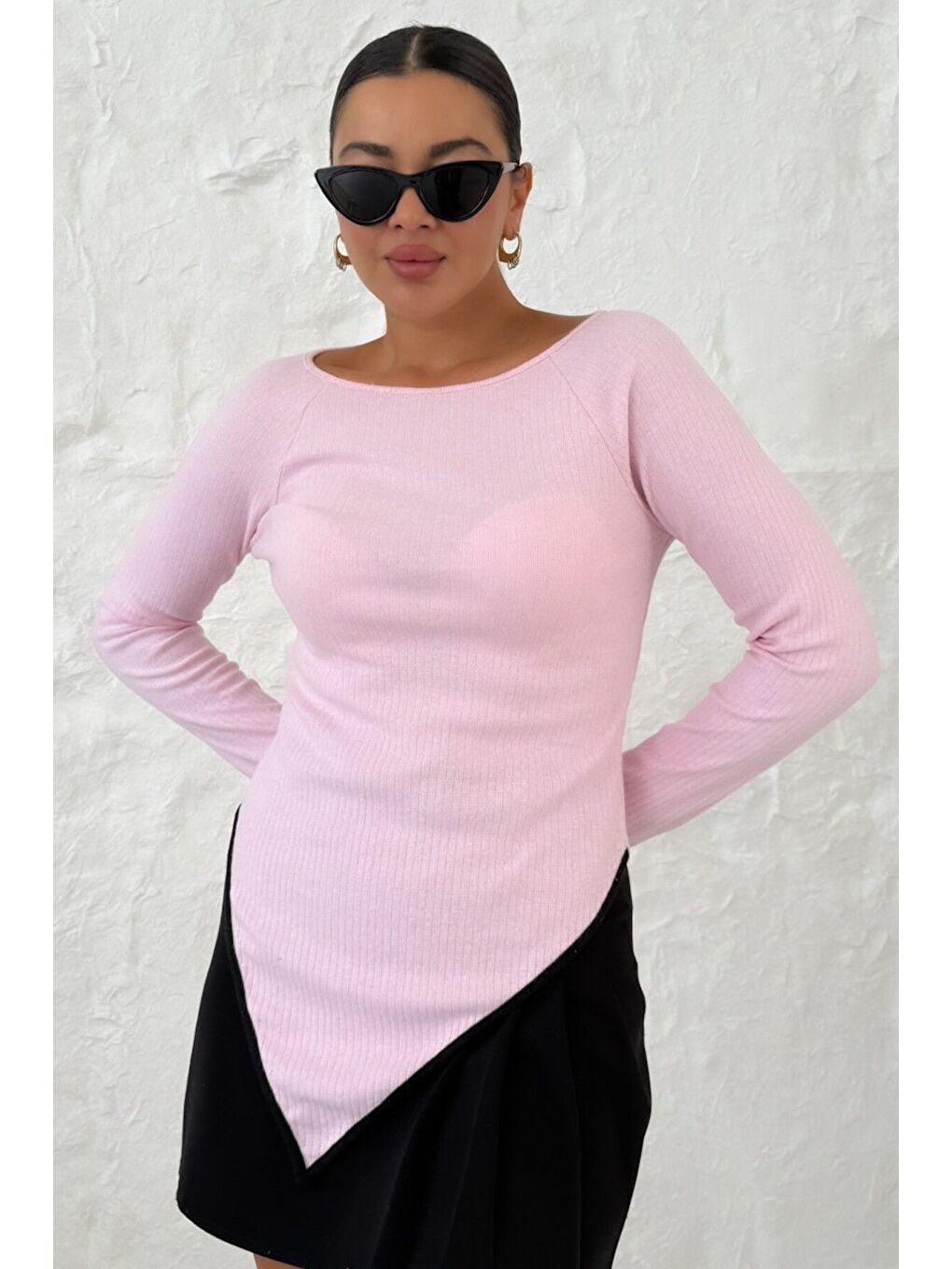 Kadın Pembe Kayık Yakalı V Kesim Biyeli İnterlok Bluz-2