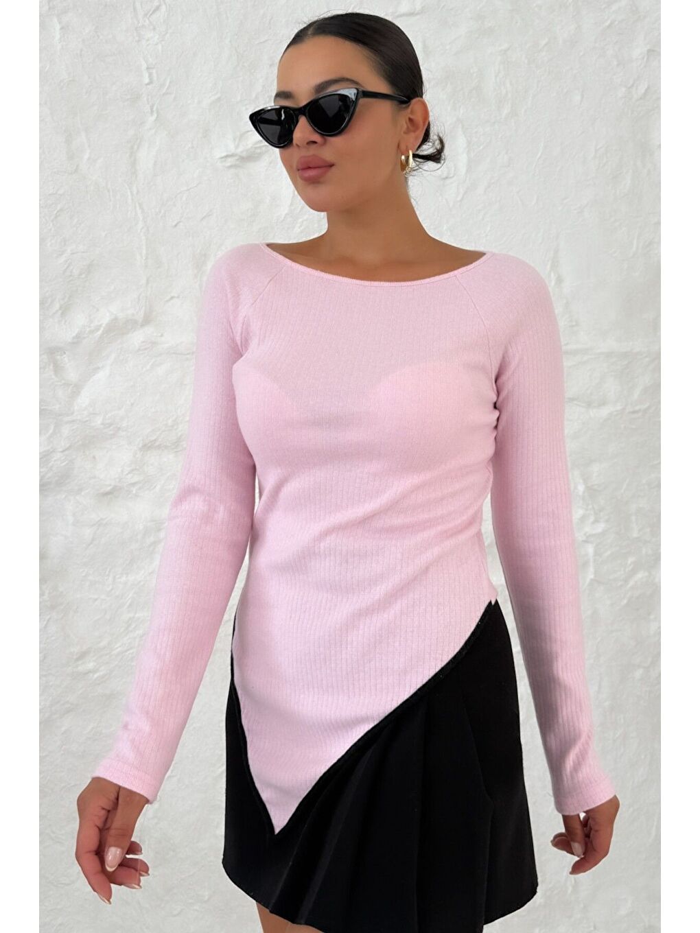 Kadın Pembe Kayık Yakalı V Kesim Biyeli İnterlok Bluz-3