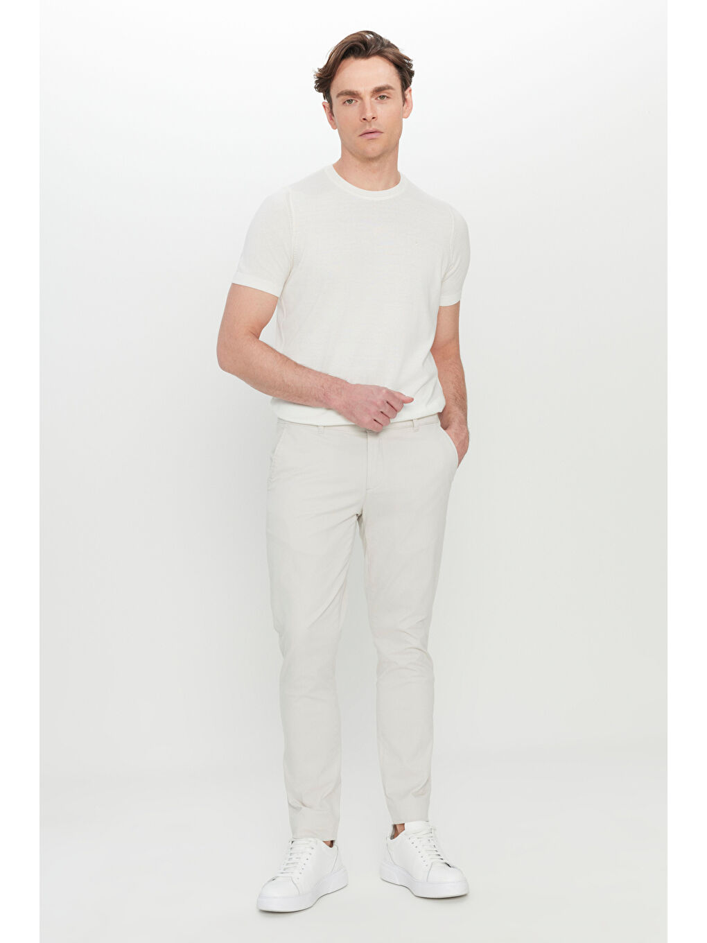 Bej Erkek Taş Pamuklu Slim Fit Dar Kesim Yan Cep Esnek Casual Pantolon-1