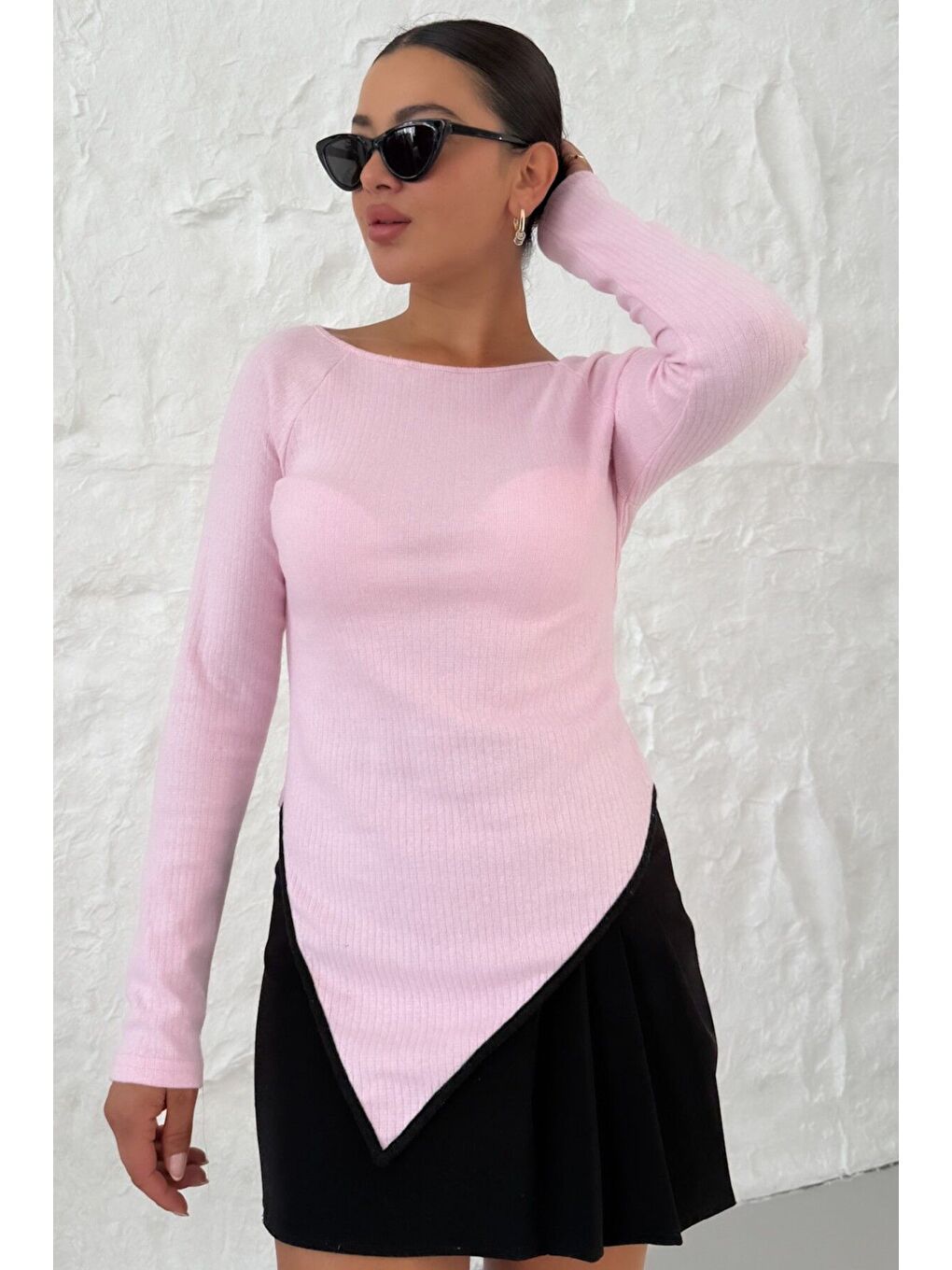 Kadın Pembe Kayık Yakalı V Kesim Biyeli İnterlok Bluz-4