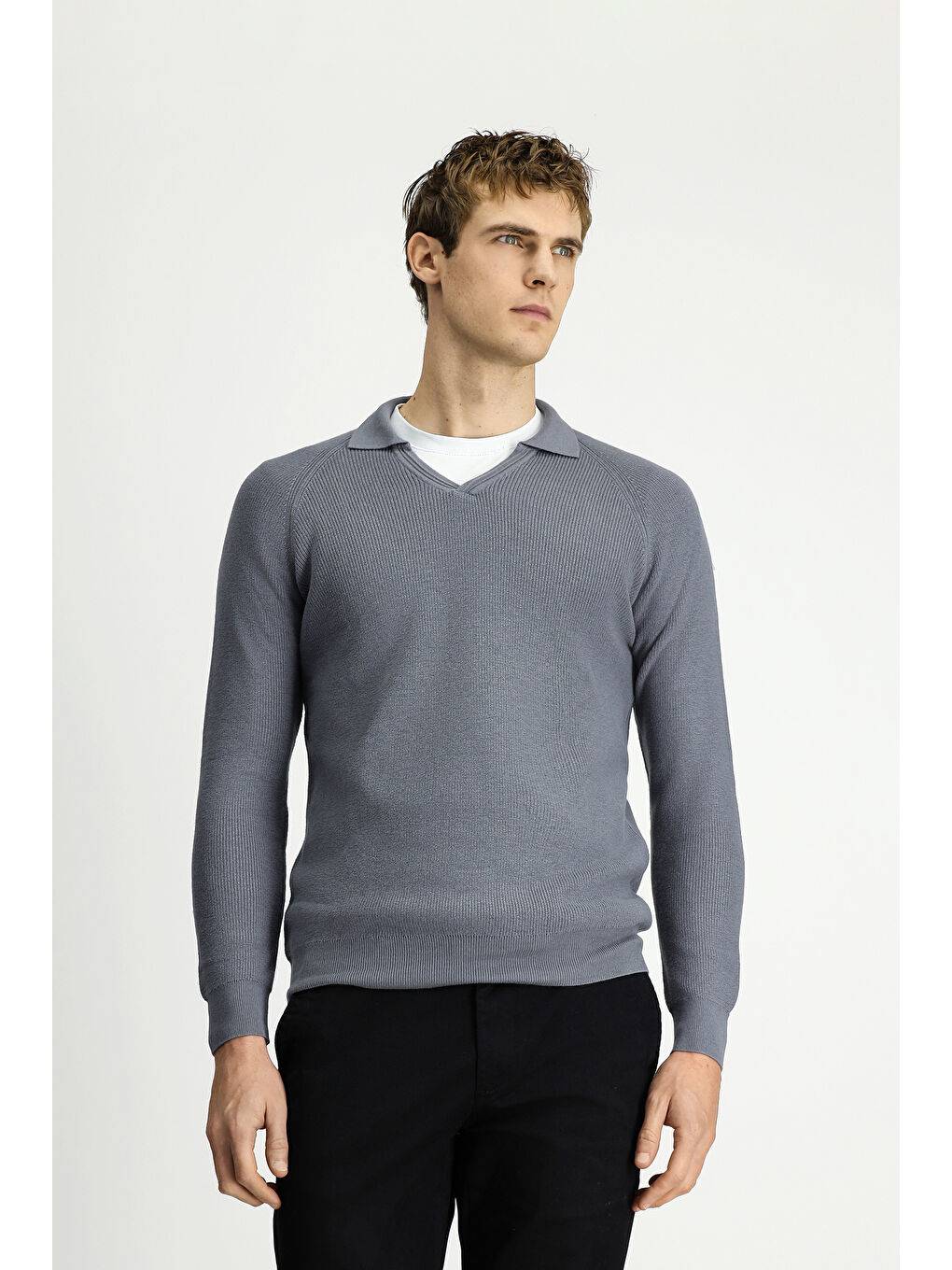 Gri Polo Yaka Slim Fit Dar Kesim Desenli Pamuklu Yünlü Triko Kazak-1