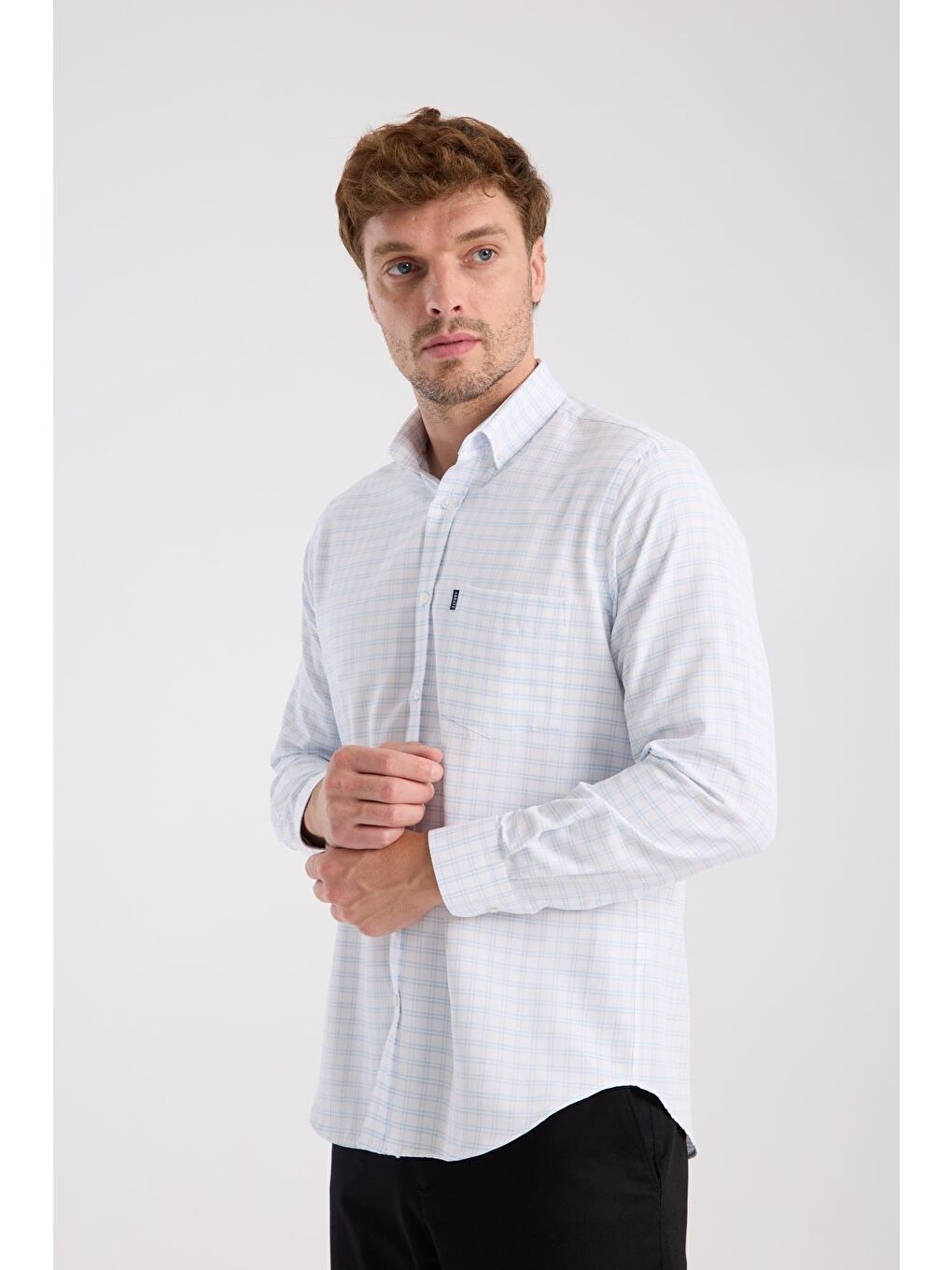 Aclub Ac10082 Oxford Pamuk Karışımlı Regular Fit Açık Mavi Düğmeli Yaka Erkek Kareli Gömlek-2