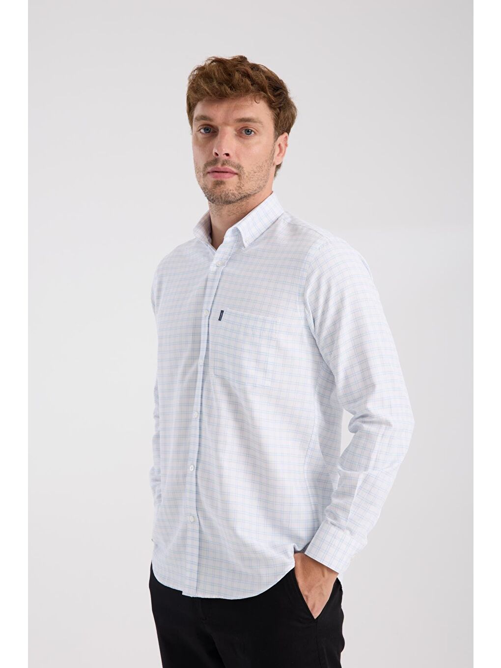 Aclub Ac10082 Oxford Pamuk Karışımlı Regular Fit Açık Mavi Düğmeli Yaka Erkek Kareli Gömlek-3