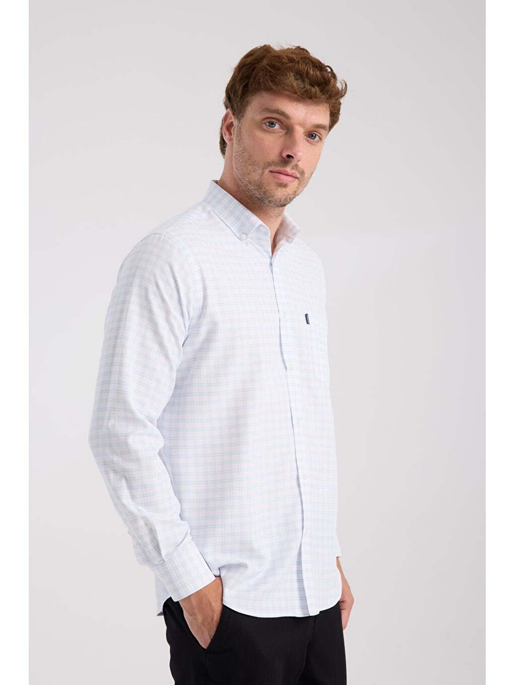 Aclub Ac10082 Oxford Pamuk Karışımlı Regular Fit Açık Mavi Düğmeli Yaka Erkek Kareli Gömlek-4