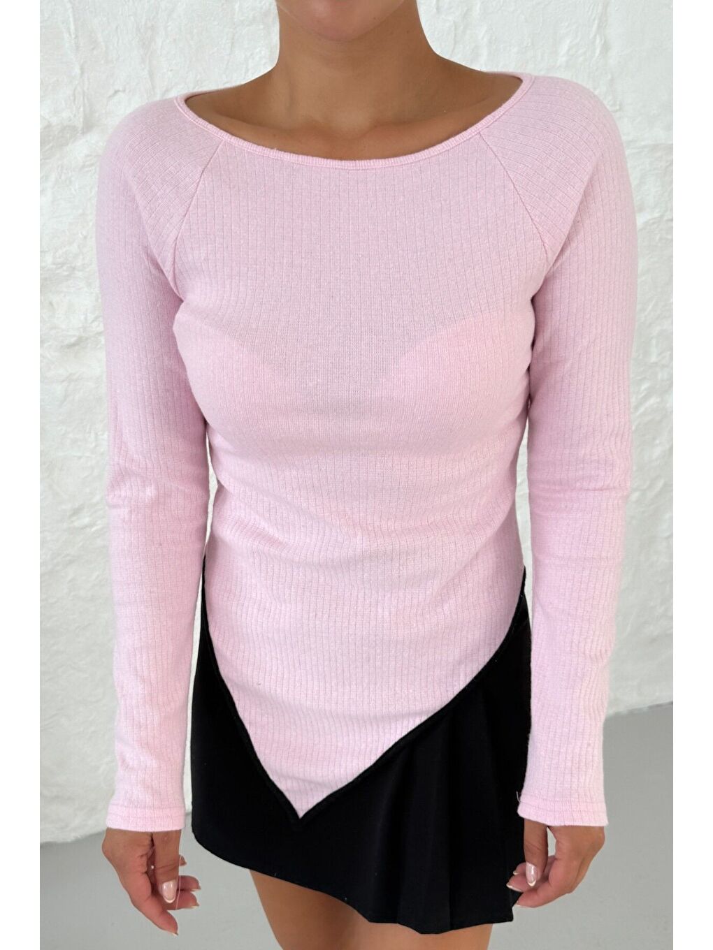 Kadın Pembe Kayık Yakalı V Kesim Biyeli İnterlok Bluz-5