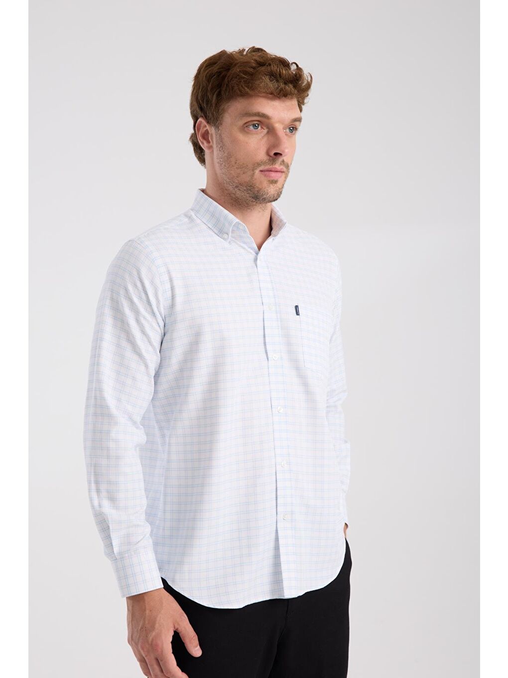 Aclub Ac10082 Oxford Pamuk Karışımlı Regular Fit Açık Mavi Düğmeli Yaka Erkek Kareli Gömlek-5