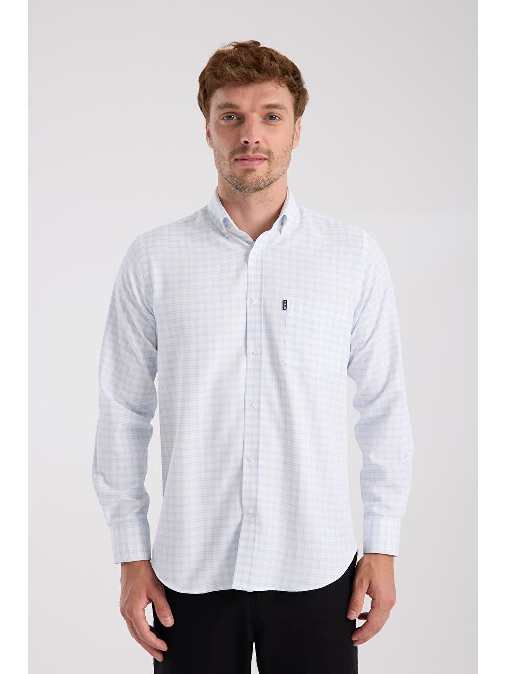 Aclub Ac10082 Oxford Pamuk Karışımlı Regular Fit Açık Mavi Düğmeli Yaka Erkek Kareli Gömlek-6