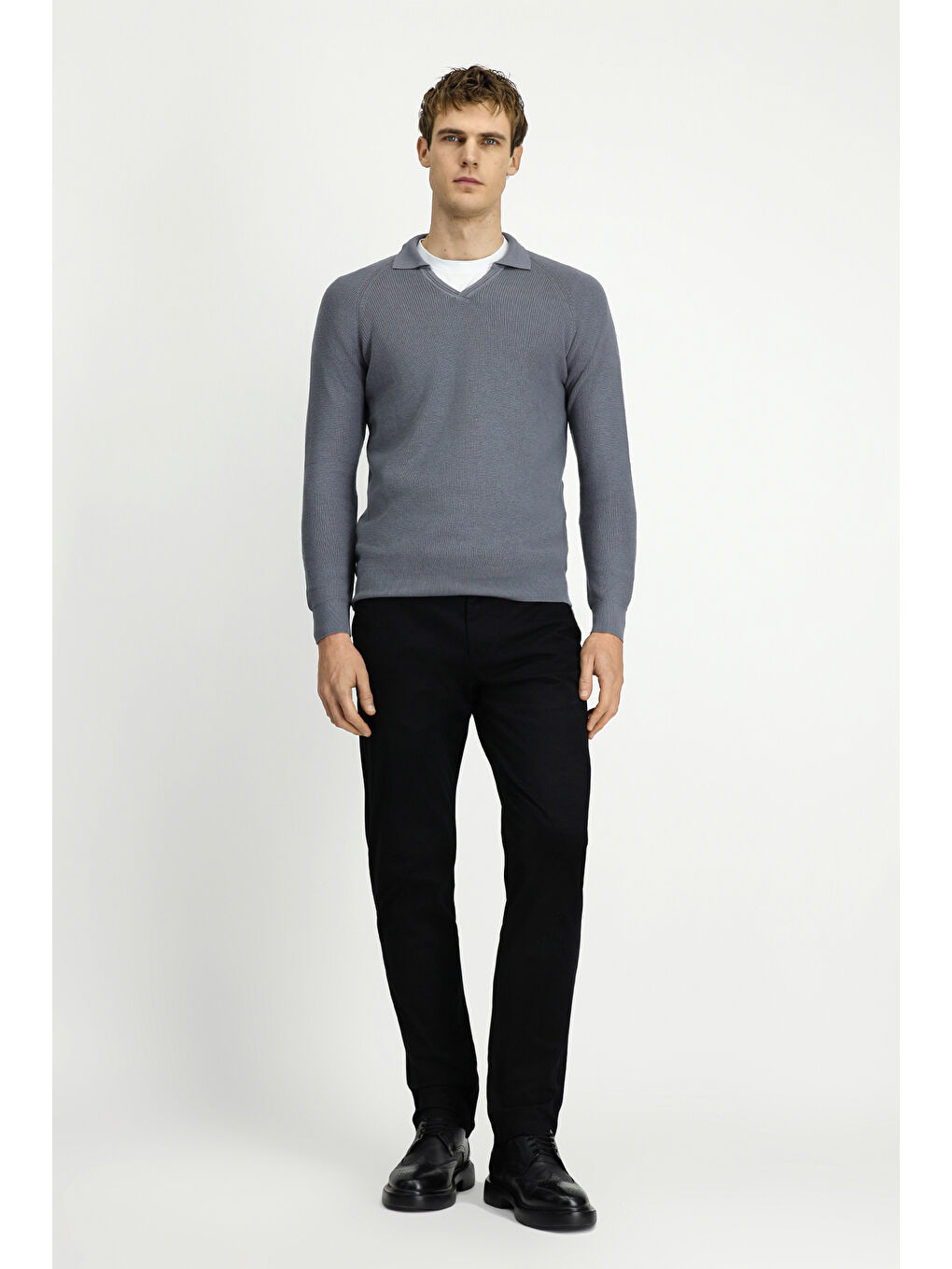 Gri Polo Yaka Slim Fit Dar Kesim Desenli Pamuklu Yünlü Triko Kazak-2