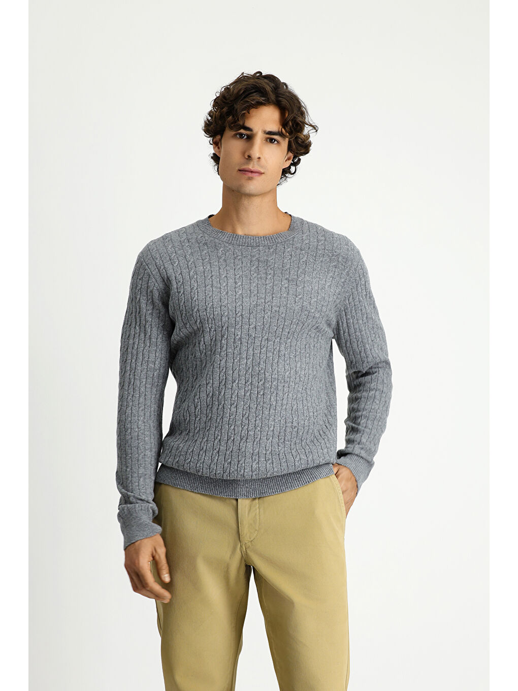 Gri Bisiklet Yaka Regular Fit Desenli Yünlü Triko Kazak