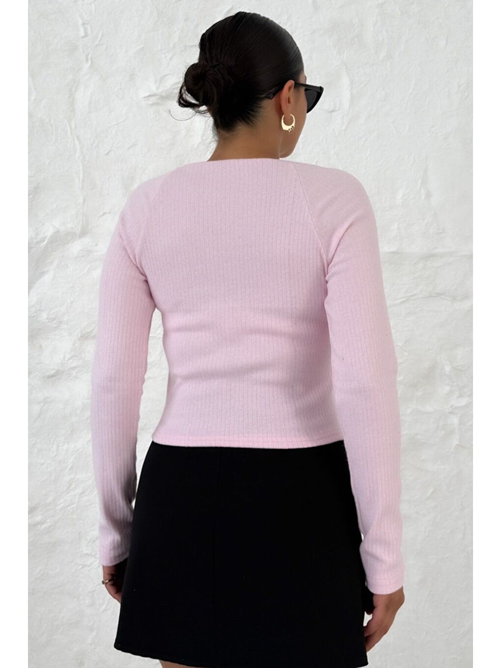 Kadın Pembe Kayık Yakalı V Kesim Biyeli İnterlok Bluz-6