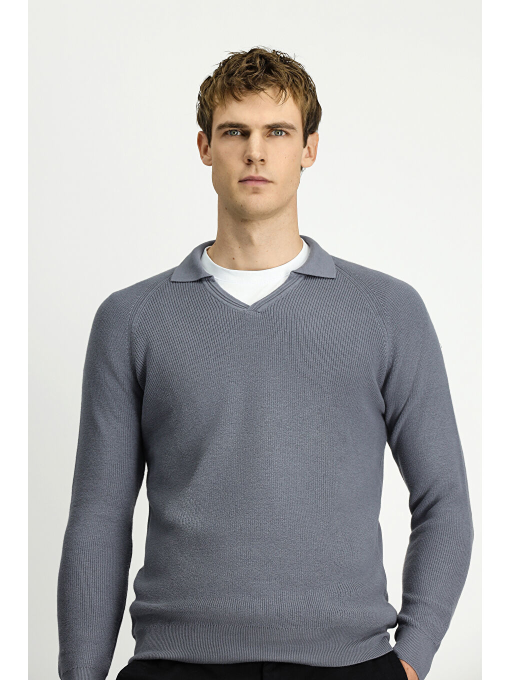 Gri Polo Yaka Slim Fit Dar Kesim Desenli Pamuklu Yünlü Triko Kazak-3