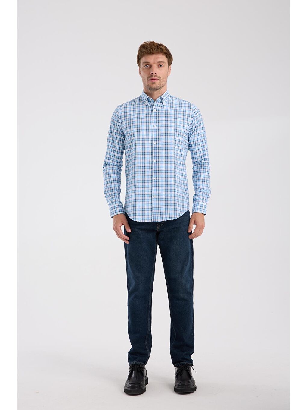 Aclub Ac10083 Oxford Pamuk Karışımlı Slim Fit Turkuaz Düğmeli Yaka Erkek Kareli Gömlek