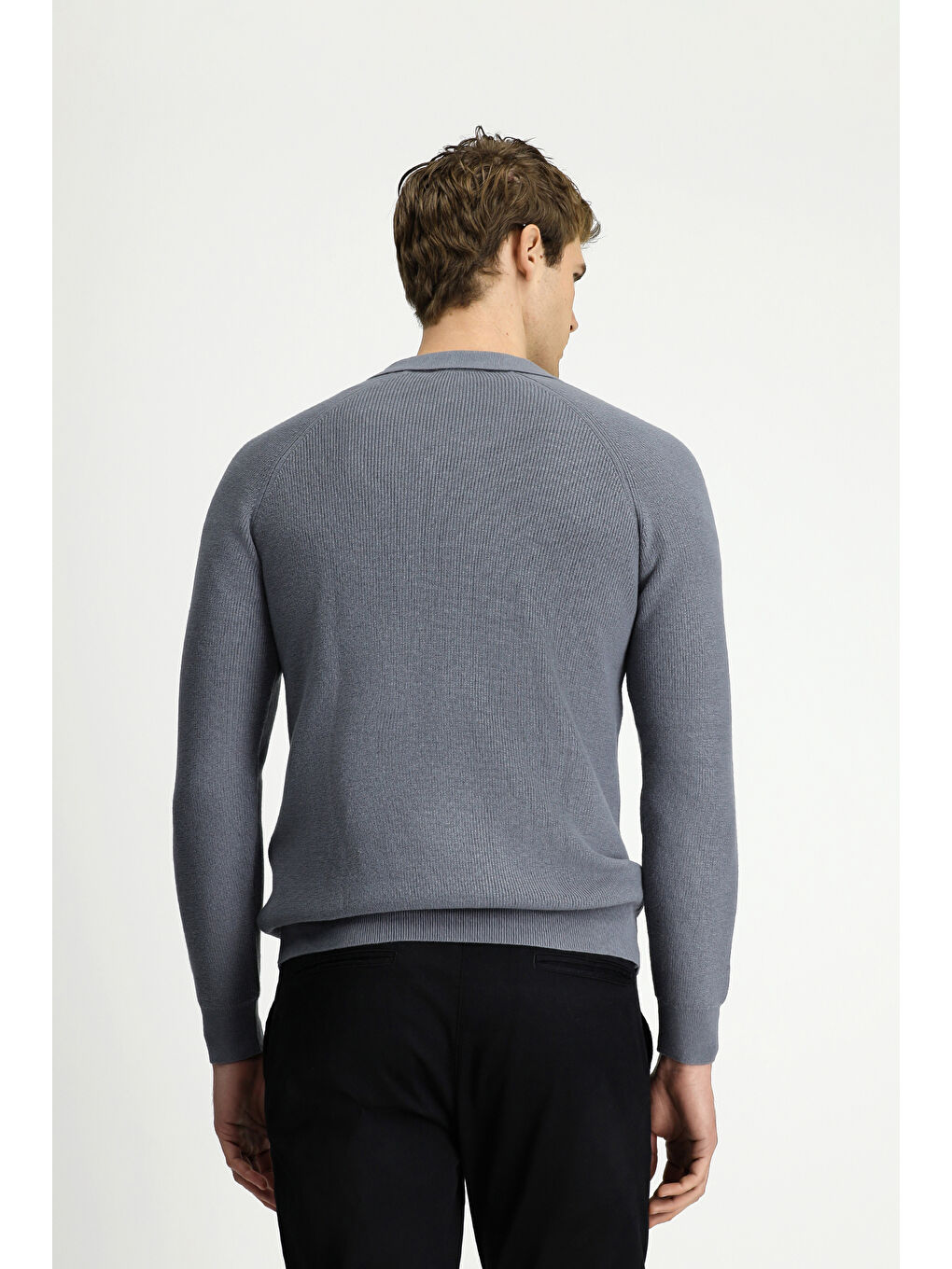 Gri Polo Yaka Slim Fit Dar Kesim Desenli Pamuklu Yünlü Triko Kazak-4