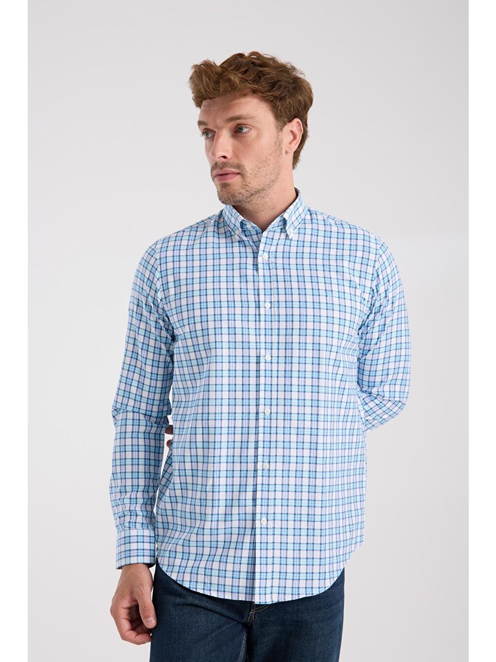 Aclub Ac10083 Oxford Pamuk Karışımlı Slim Fit Turkuaz Düğmeli Yaka Erkek Kareli Gömlek-2