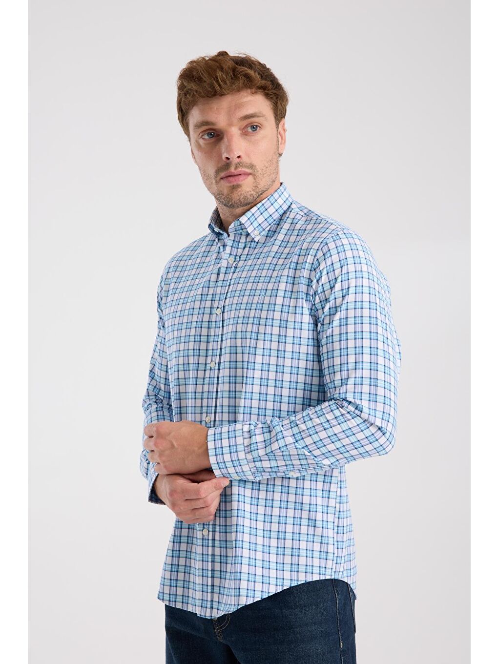 Aclub Ac10083 Oxford Pamuk Karışımlı Slim Fit Turkuaz Düğmeli Yaka Erkek Kareli Gömlek-3