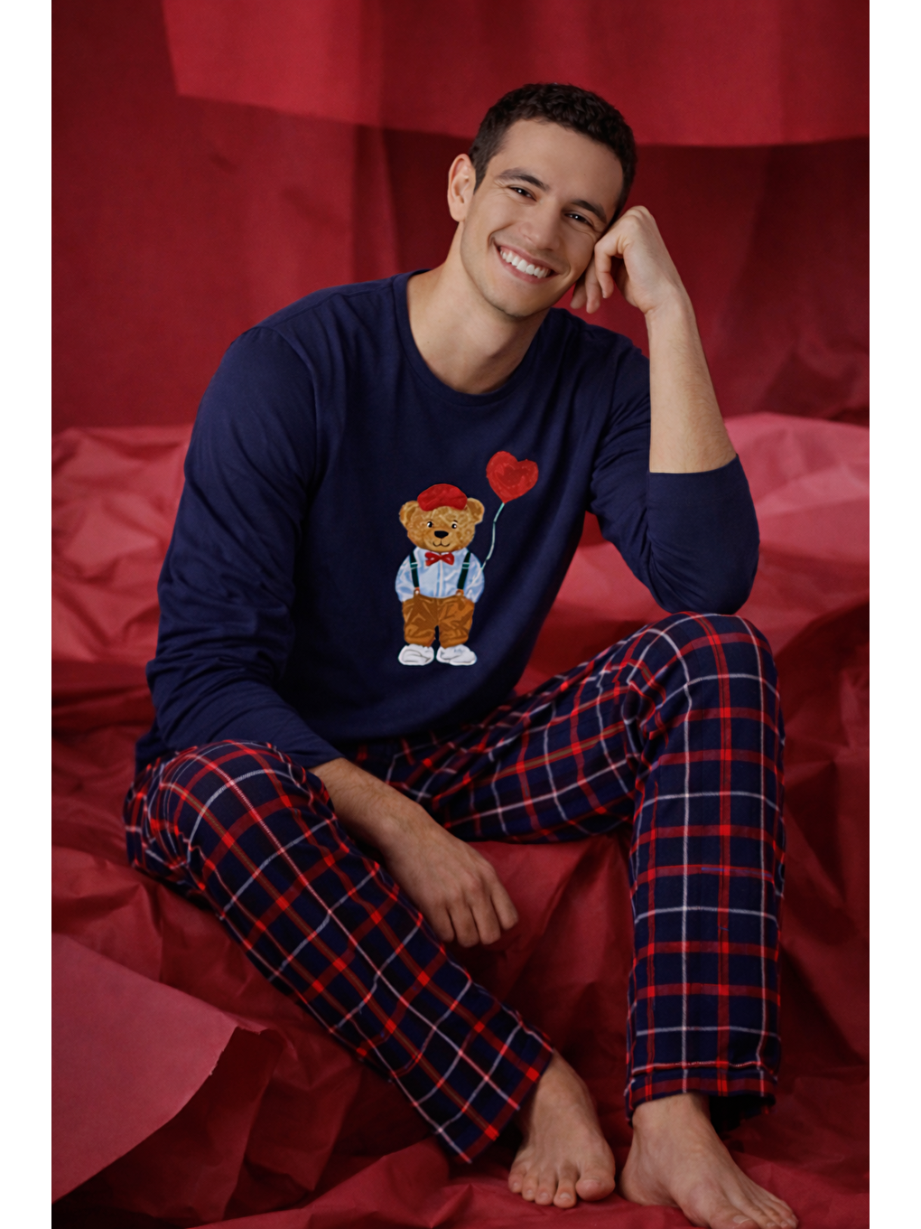 Kırmızı Erkek Pamuklu Ayıcık Baskılı Ekose Desenli Pijama Takımı-1