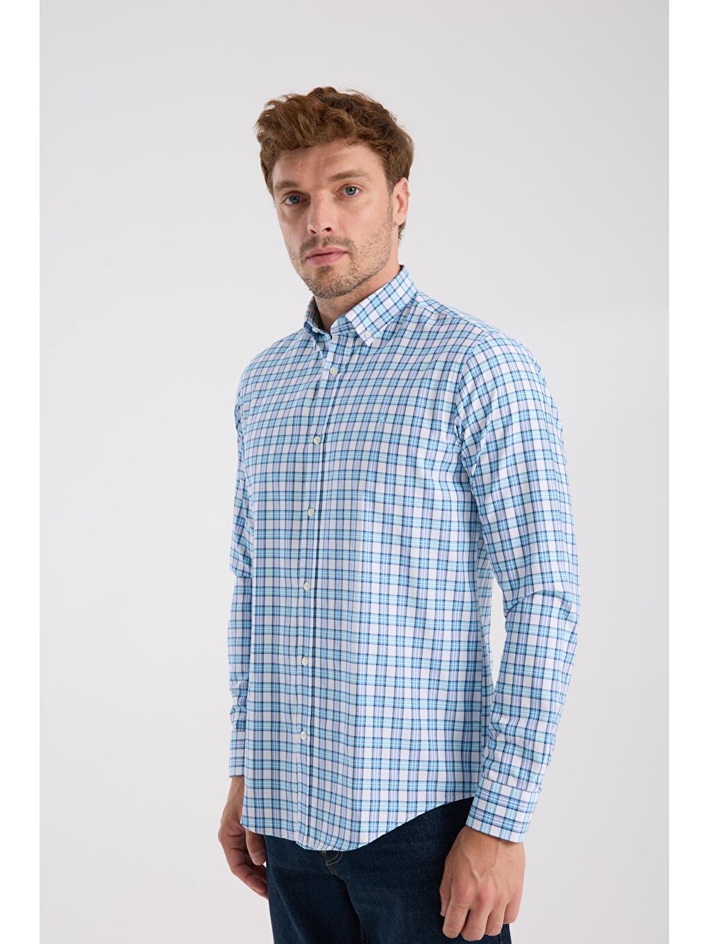 Aclub Ac10083 Oxford Pamuk Karışımlı Slim Fit Turkuaz Düğmeli Yaka Erkek Kareli Gömlek-4