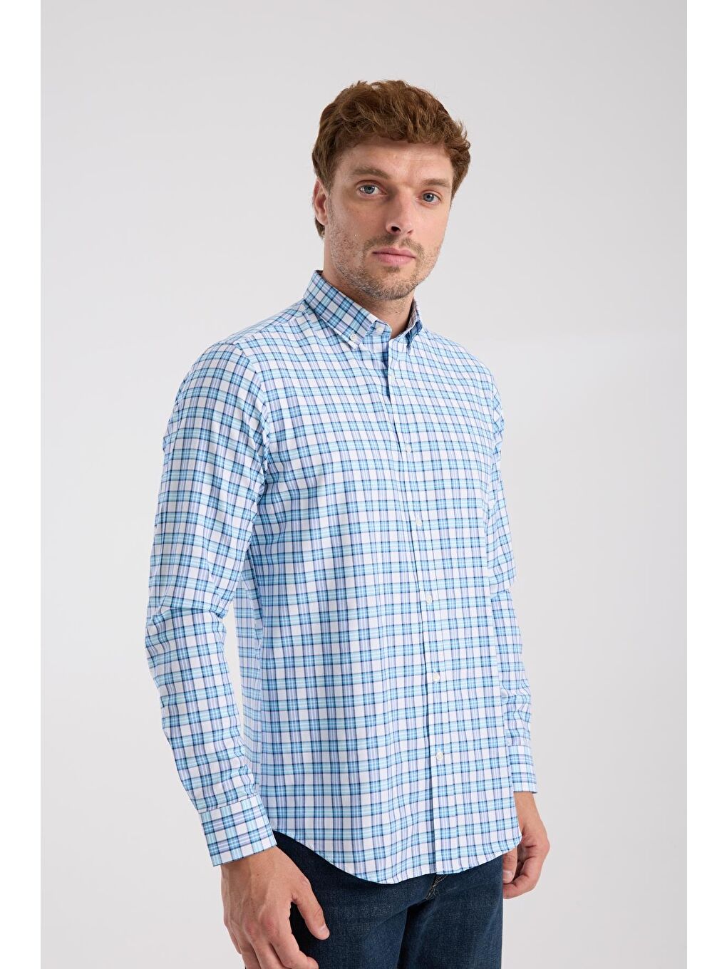 Aclub Ac10083 Oxford Pamuk Karışımlı Slim Fit Turkuaz Düğmeli Yaka Erkek Kareli Gömlek-5