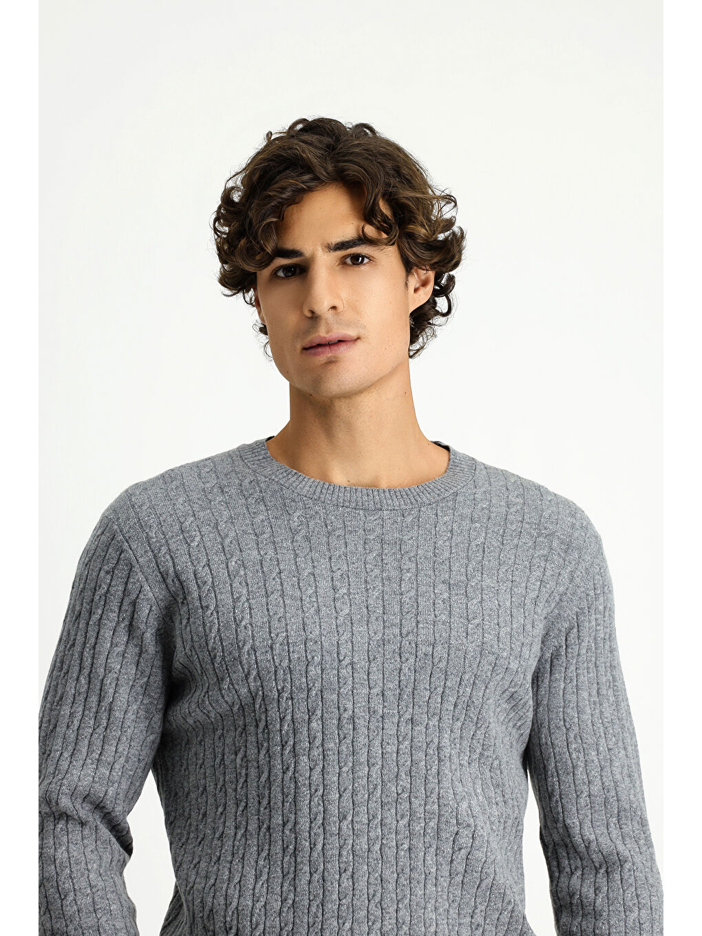 Gri Bisiklet Yaka Regular Fit Desenli Yünlü Triko Kazak-2