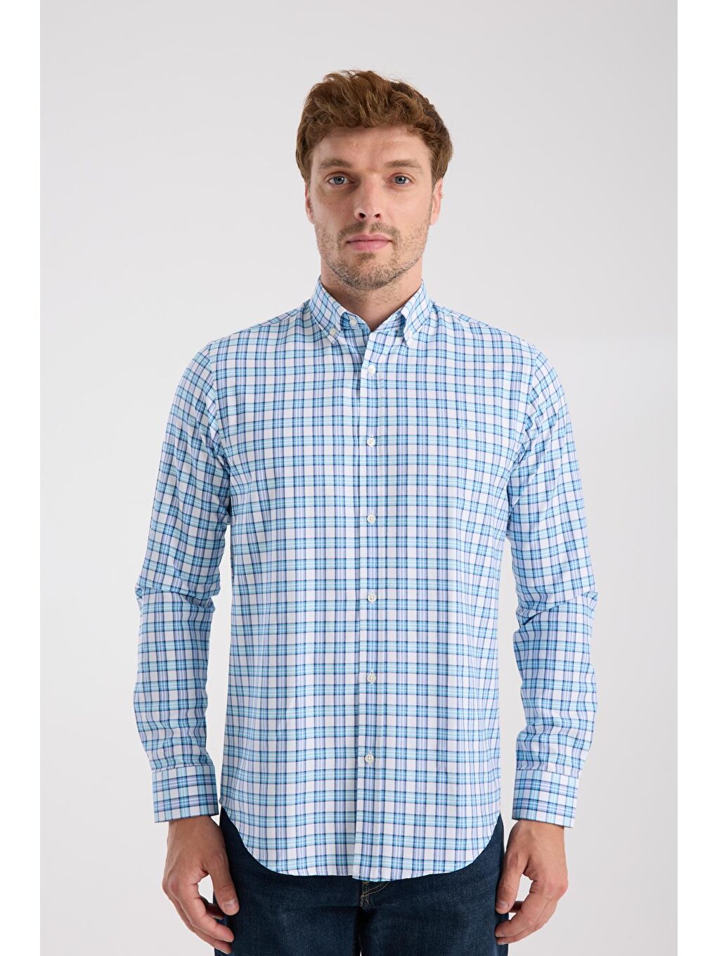 Aclub Ac10083 Oxford Pamuk Karışımlı Slim Fit Turkuaz Düğmeli Yaka Erkek Kareli Gömlek-6