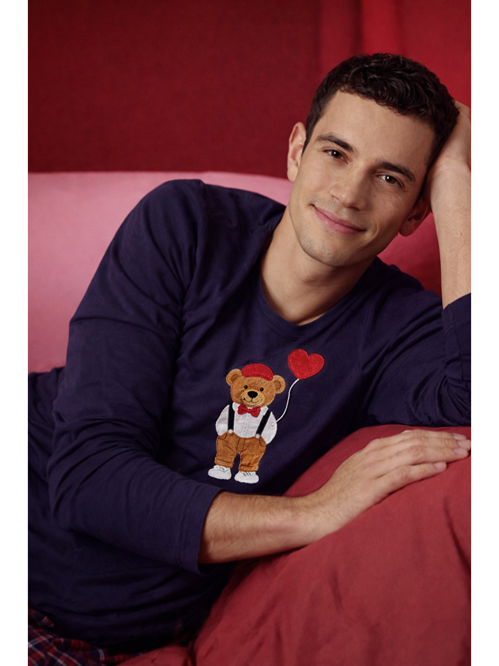 Kırmızı Erkek Pamuklu Ayıcık Baskılı Ekose Desenli Pijama Takımı-2