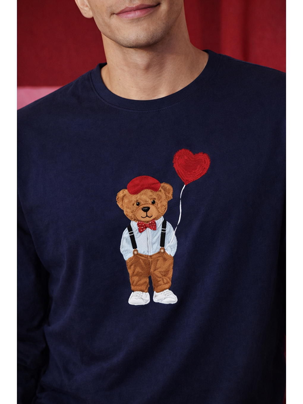 Kırmızı Erkek Pamuklu Ayıcık Baskılı Ekose Desenli Pijama Takımı-3