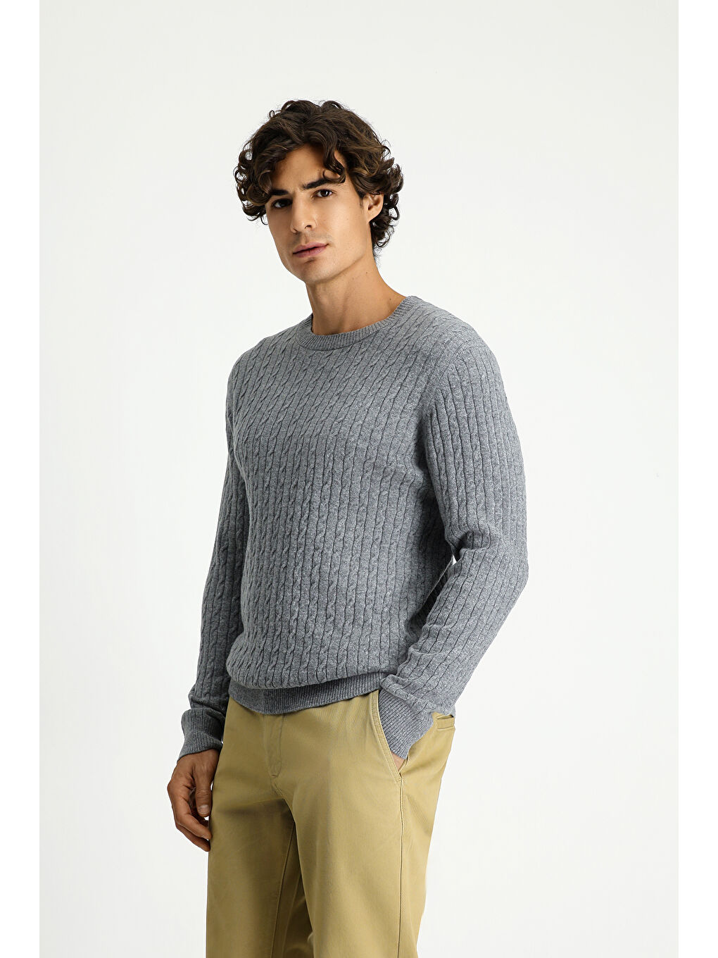 Gri Bisiklet Yaka Regular Fit Desenli Yünlü Triko Kazak-3