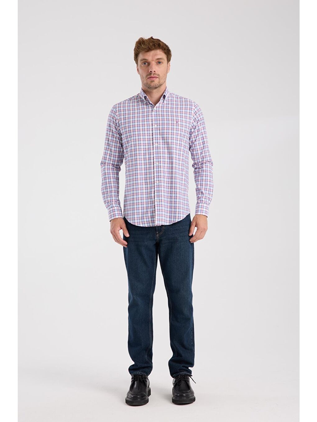 Aclub Ac10083 Oxford Pamuk Karışımlı Slim Fit Kırmızı Düğmeli Yaka Erkek Kareli Gömlek