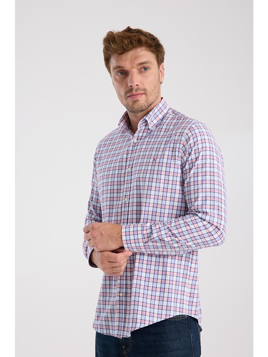 Aclub Ac10083 Oxford Pamuk Karışımlı Slim Fit Kırmızı Düğmeli Yaka Erkek Kareli Gömlek-2
