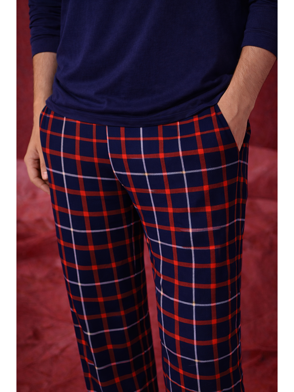 Kırmızı Erkek Pamuklu Ayıcık Baskılı Ekose Desenli Pijama Takımı-4